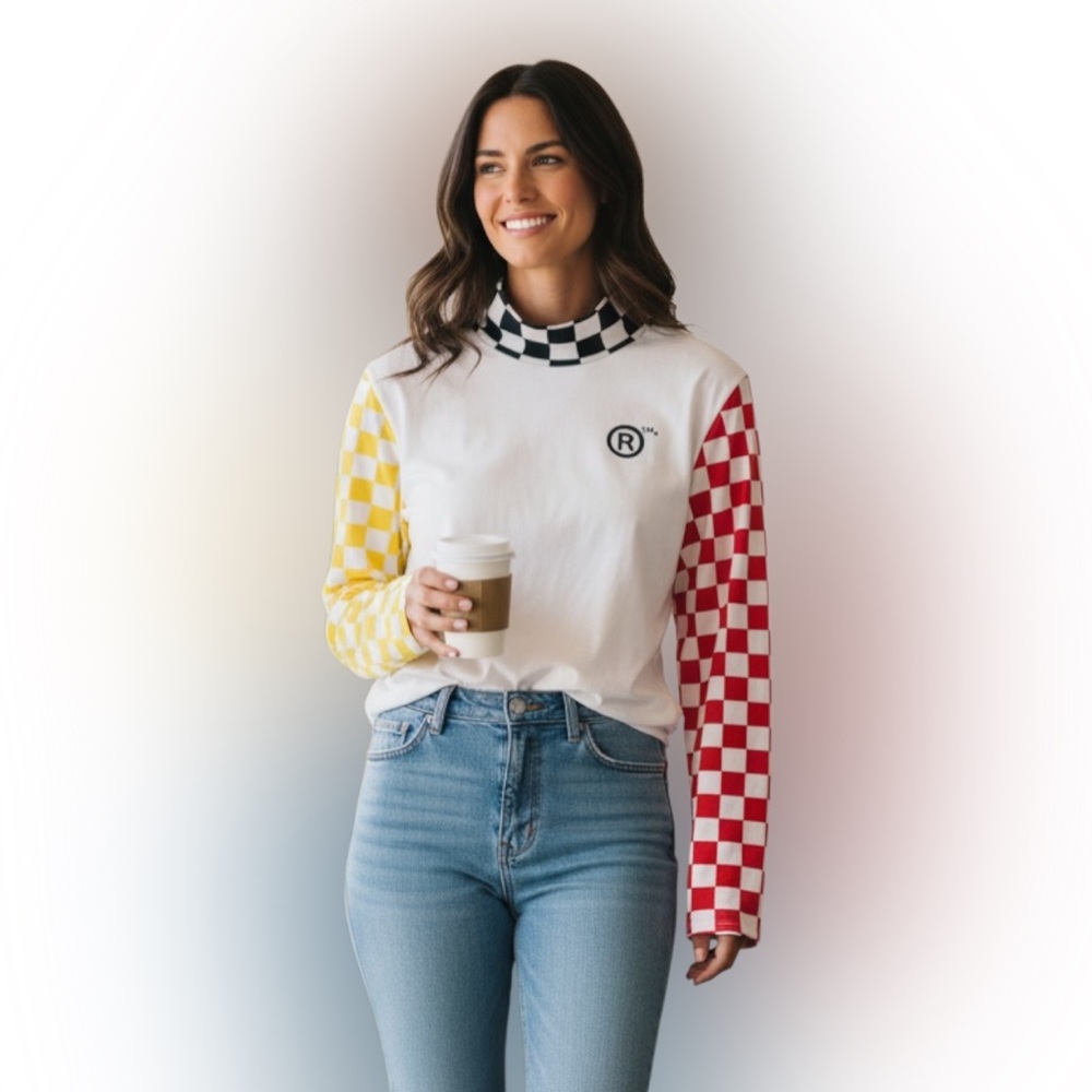 Forever 21 White Top with Red and Yellow Checkered Sleeves